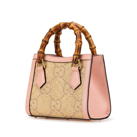 Gucci GG Diana Mini Bamboo Raffia Leather Handbag Shoulder Bag Beige Pink - Picture 2 of 9